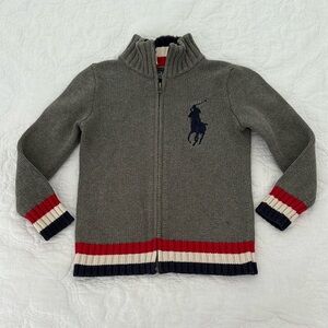 Polo by Ralph Lauren Kids Gray Full-Zip Sweater Boys Size 5 Red Navy Stripes